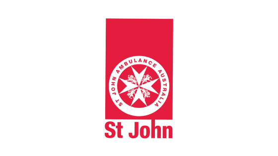 A vertical rectangle in red colour with a white circle in it. 'St John' text in red is right below the rectangle.