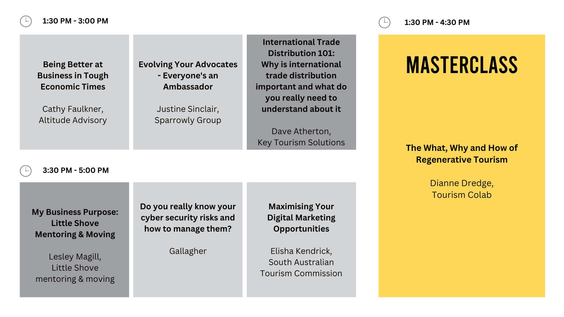 A visual overview of the workshops and masterclass' topics along with their respective speaker in the afternoon session