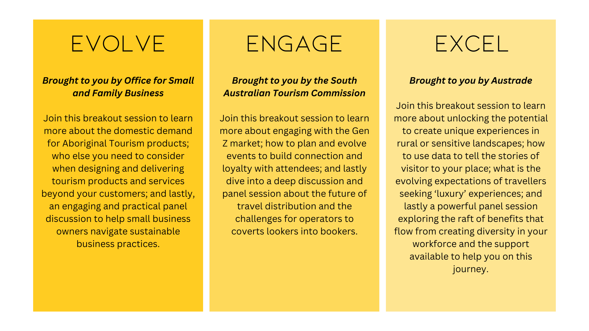 Three yellow panels listing business seminar topics and speakers under the themes evolve, engage, and excel