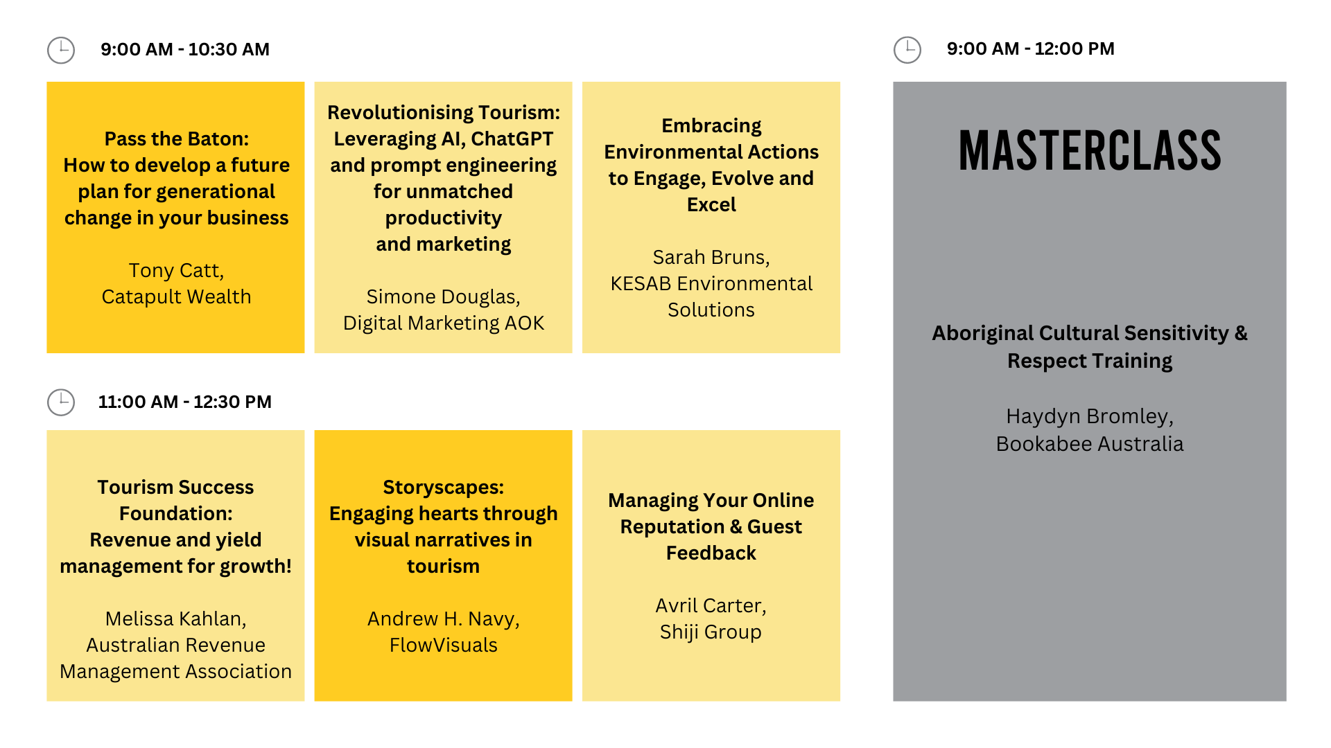 A visual overview of the workshops and masterclass' topics along with their respective speaker in the morning session