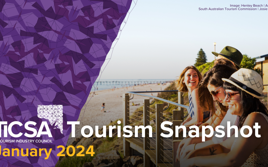 An image showing four people gathering at the beach in summer. White text 'TiCSA Tourism Snapshot' and yellow text 'January 2024'